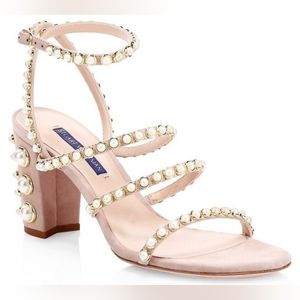 Stuart Weitzman Nude Blush Pink Suede Heels with Faux Pearls Size 7.5